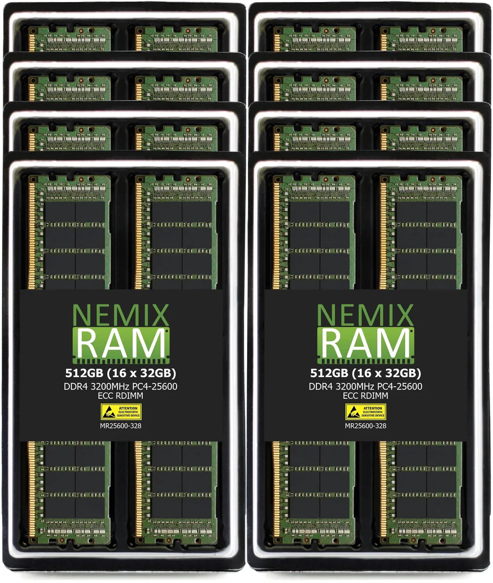 Sixteen green DDR4 RDIMM sticks in a row