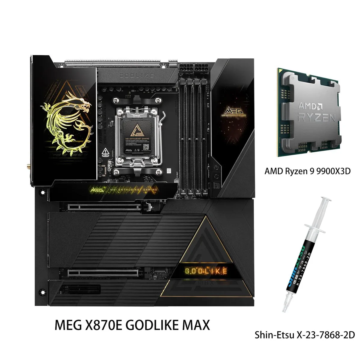 Black ATX motherboard with a 3.99-inch colour LCD panel and installed Ryzen 9 9900X3D CPU