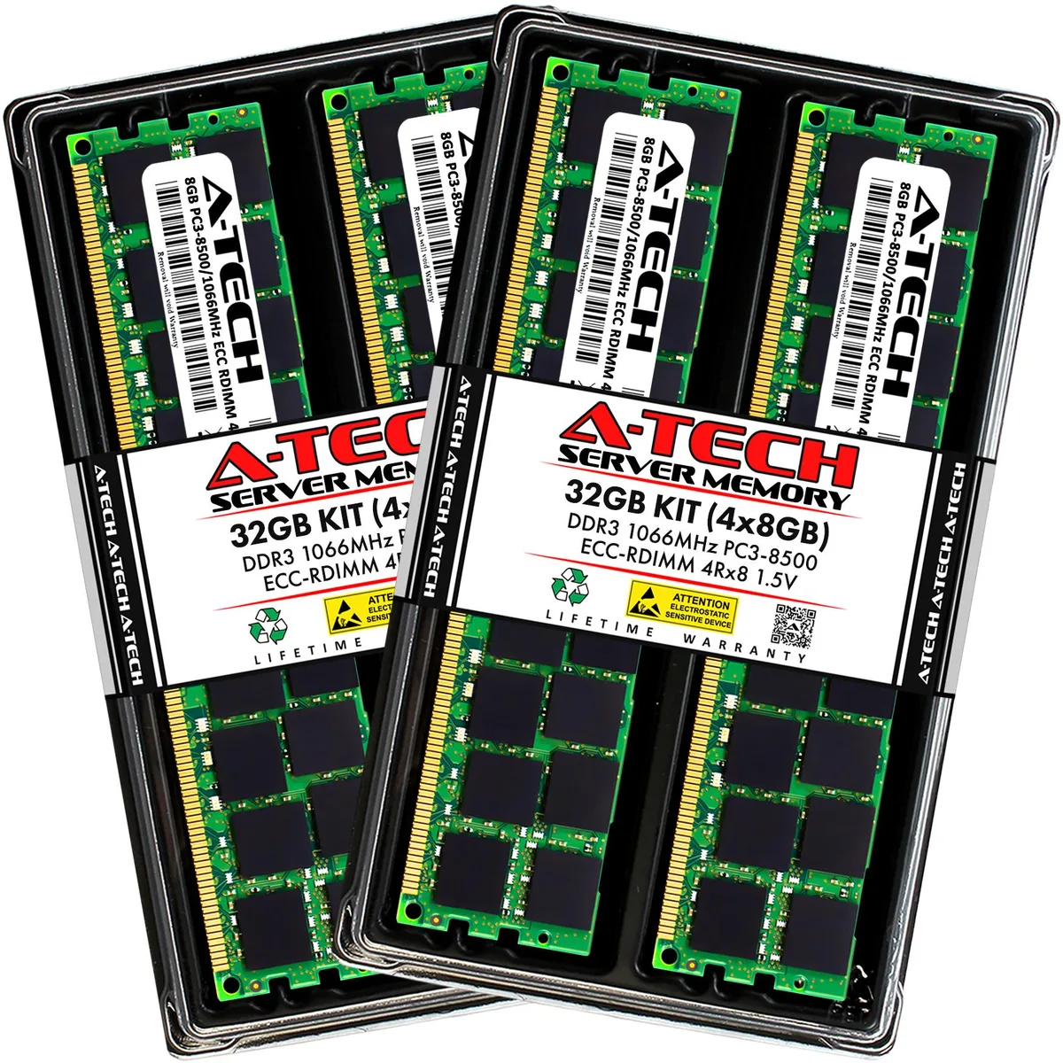 Four green DDR3 ECC registered DIMMs, 240-pin, 1.5V, 32GB kit