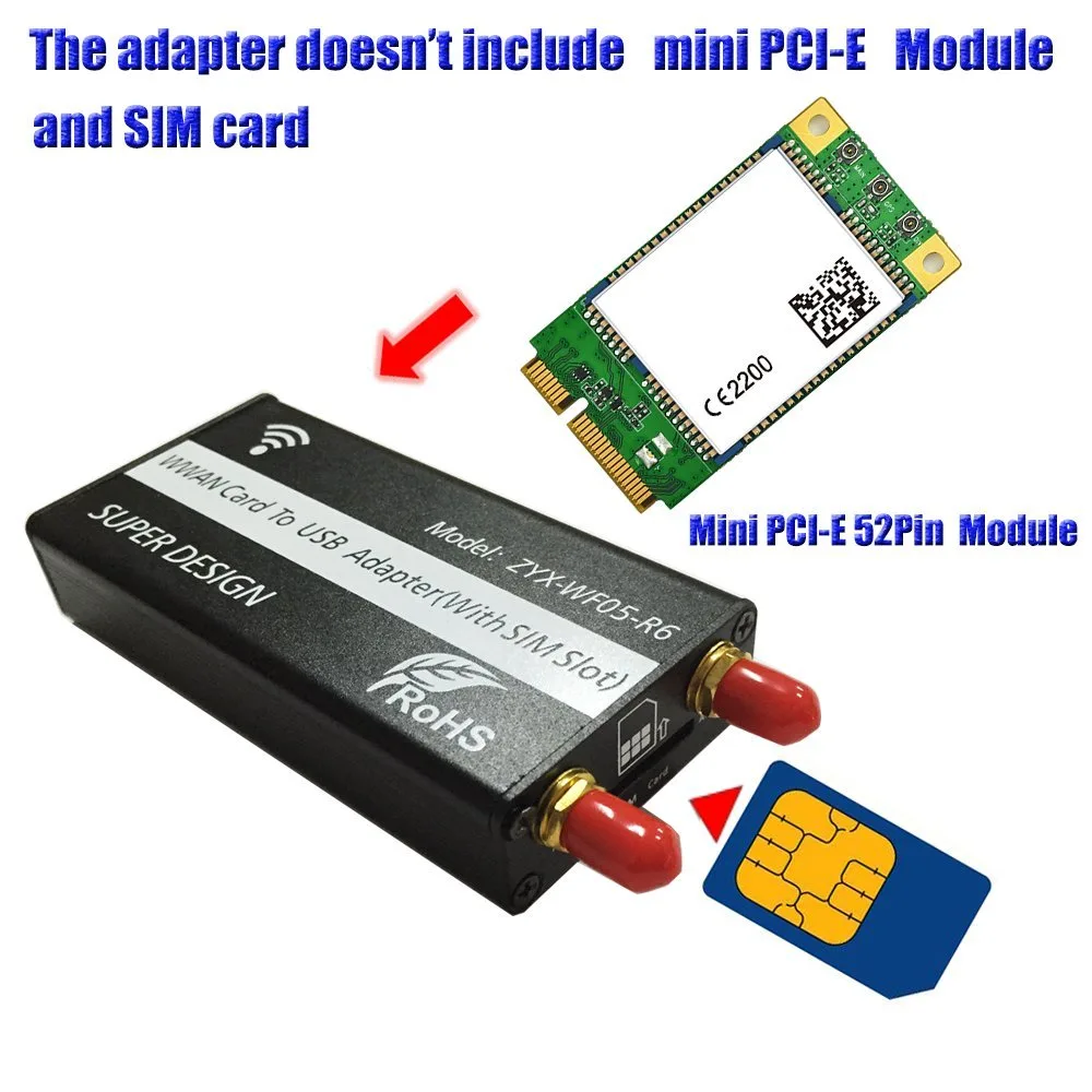 TeKit TeKit Mini PCIe to USB Adapter with SIM Slot &amp; Antenna for WWAN/LTE — снимка на продукта