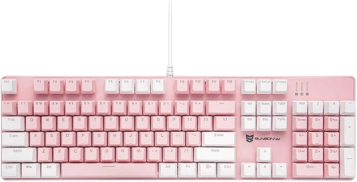 Pink and white full-size mechanical keyboard with 104 keys and visible blue switches