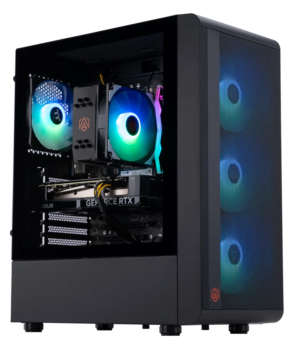 Black mid-tower gaming desktop with RGB memory visible through side panel