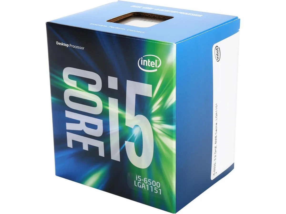 Rectangular green PCB with gold contacts and silver metal heat spreader, boxed Intel Core i5-6500 desktop processor