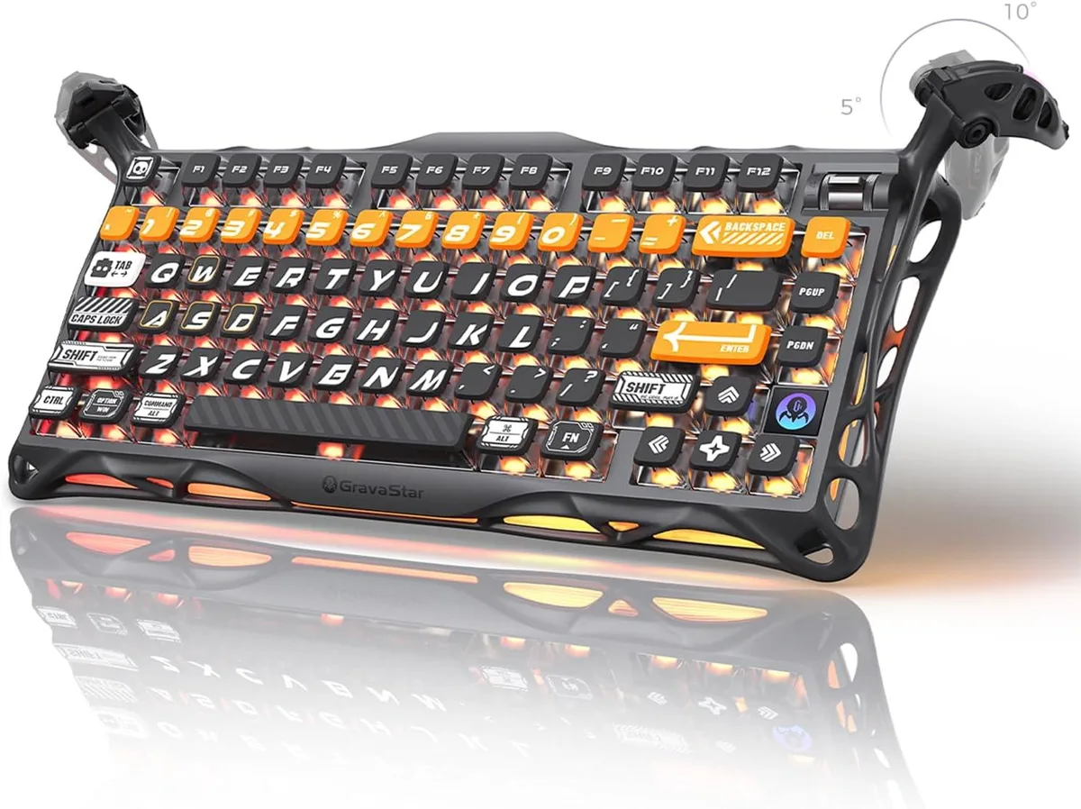Orange 75% aluminum gaming keyboard with battle-worn finish and pudding keycaps