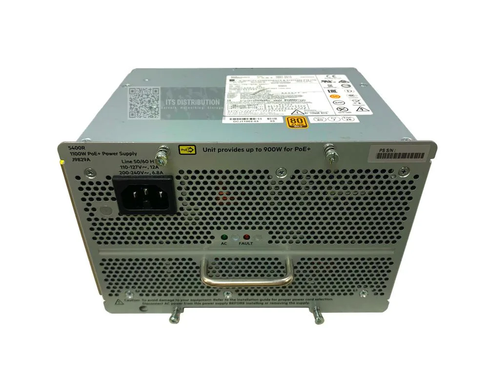 HPE 5400R 1100W PoE+ zl2 power supply unit, silver metal enclosure with ventilation grille