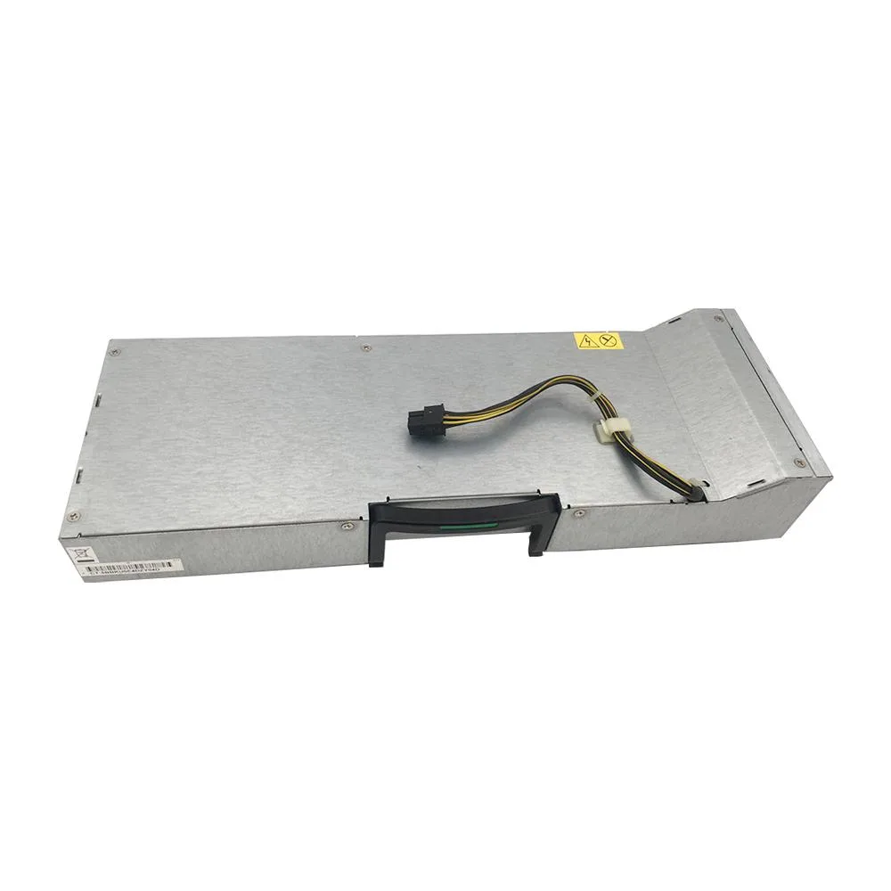 Rectangular silver metal ATX power supply unit with rear fan grille and side label