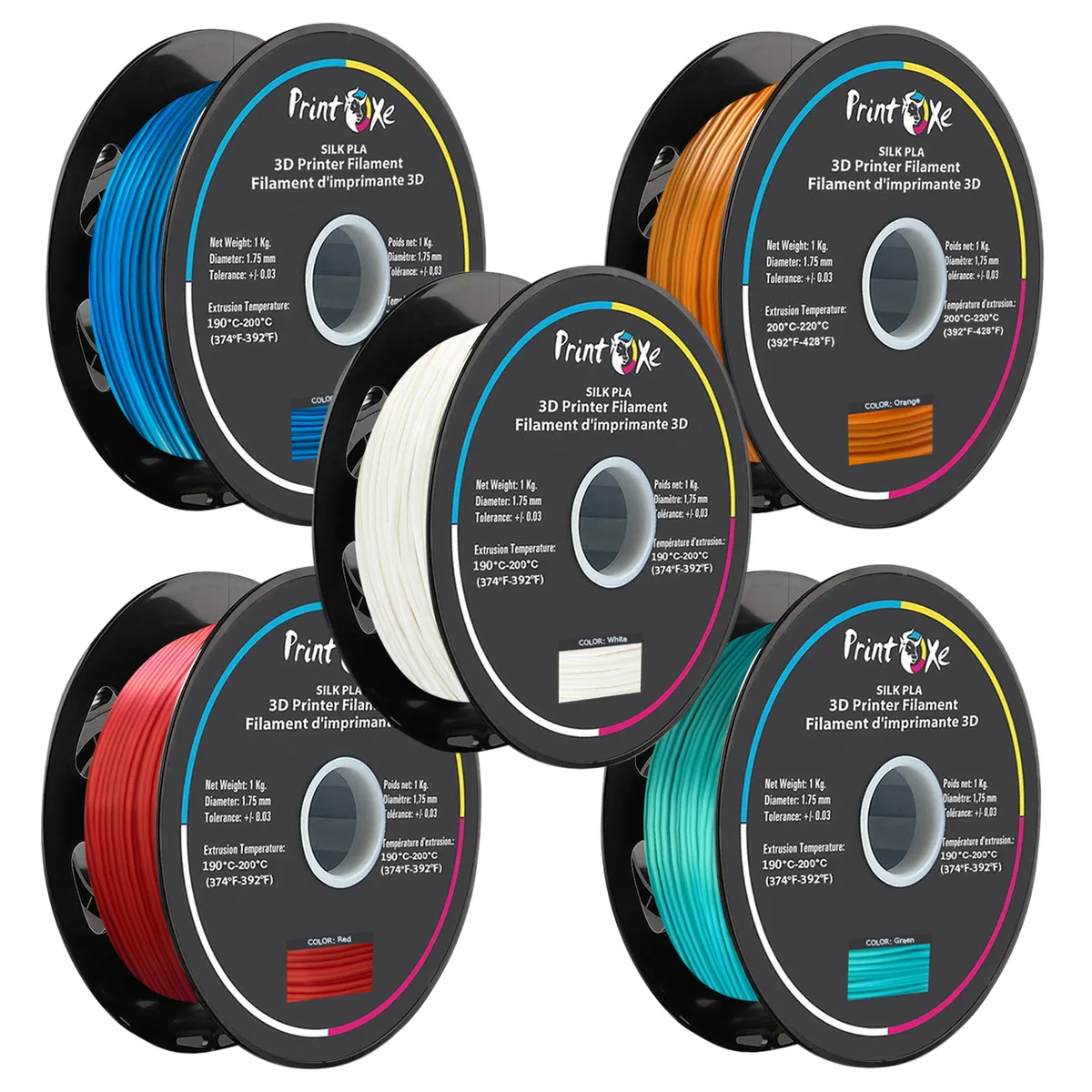 Five spools of silk PLA filament in blue orange white red green