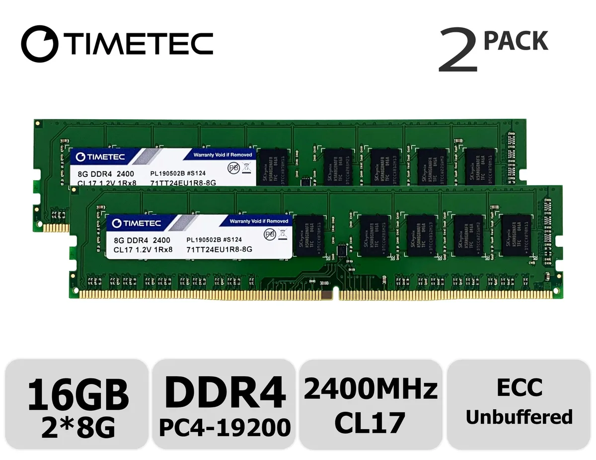 Timetec Timetec Hynix IC 16GB Kit (2x8GB) DDR4 2400 ECC Unbuffered CL17 1Rx8 288-Pin Server RAM — 商品写真