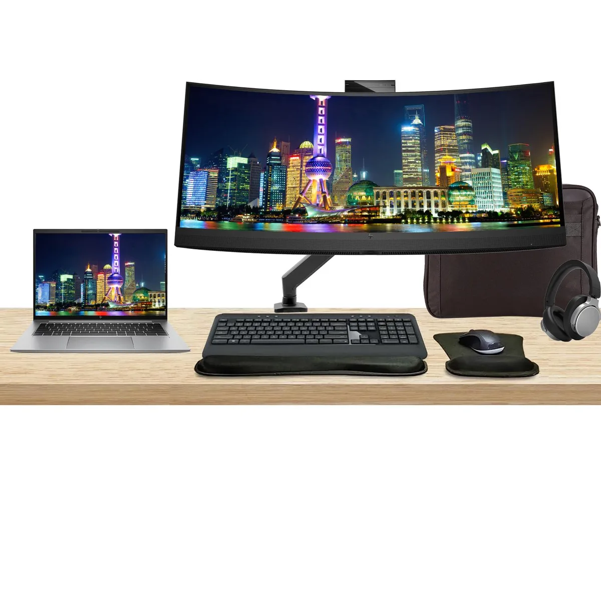 Silver 14 inch touchscreen laptop beside 34 inch curved monitor with webcam, plus keyboard, mouse, headphones, mount and briefcase