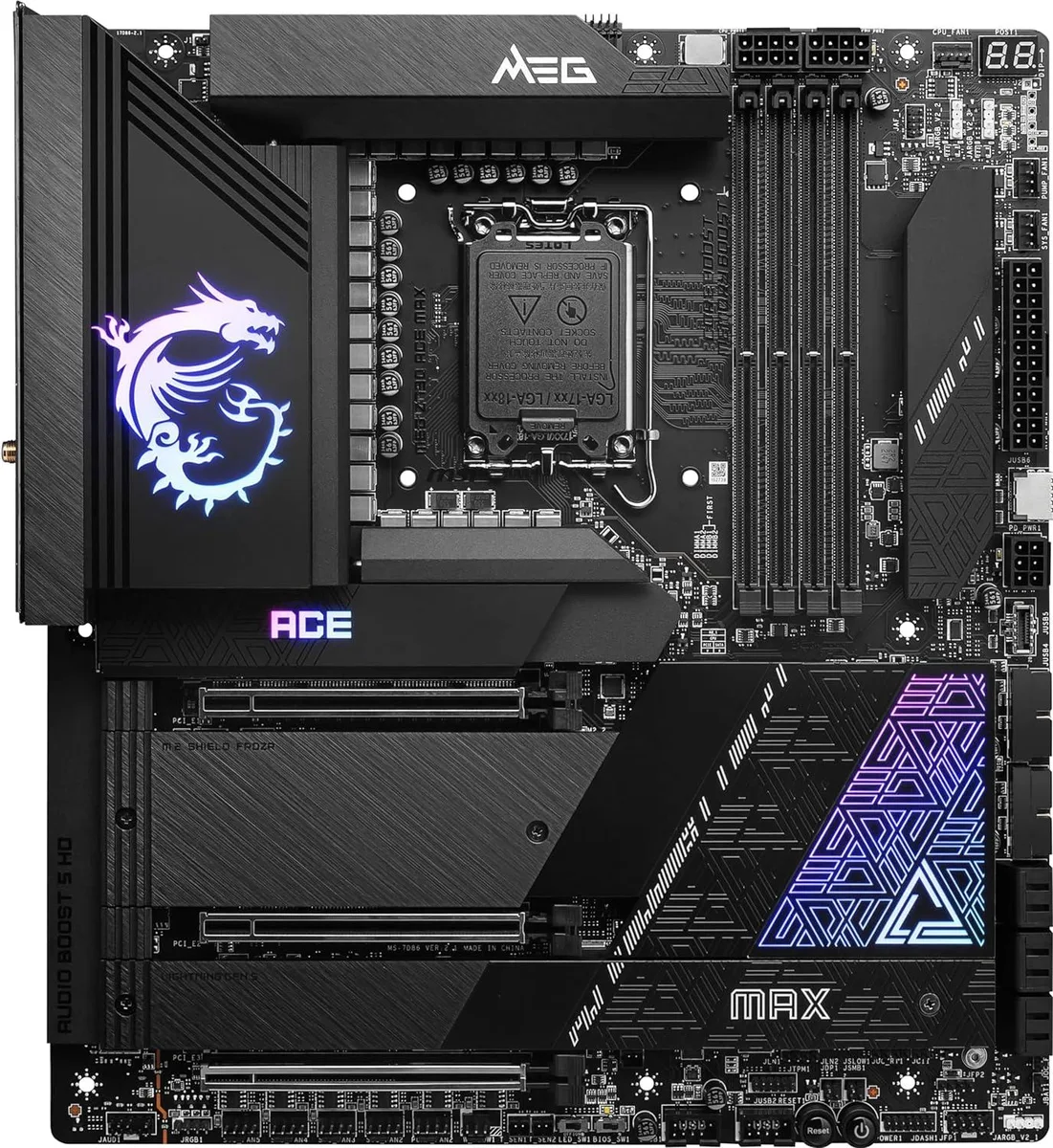 Black extended ATX motherboard with silver heatsinks and rear I/O shield