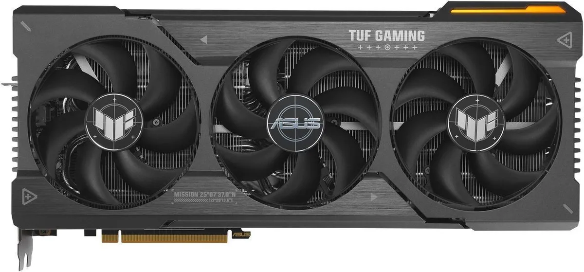 ASUS TUF Gaming Radeon RX 7900 XT graphics card with three axial fans and metal exoskeleton