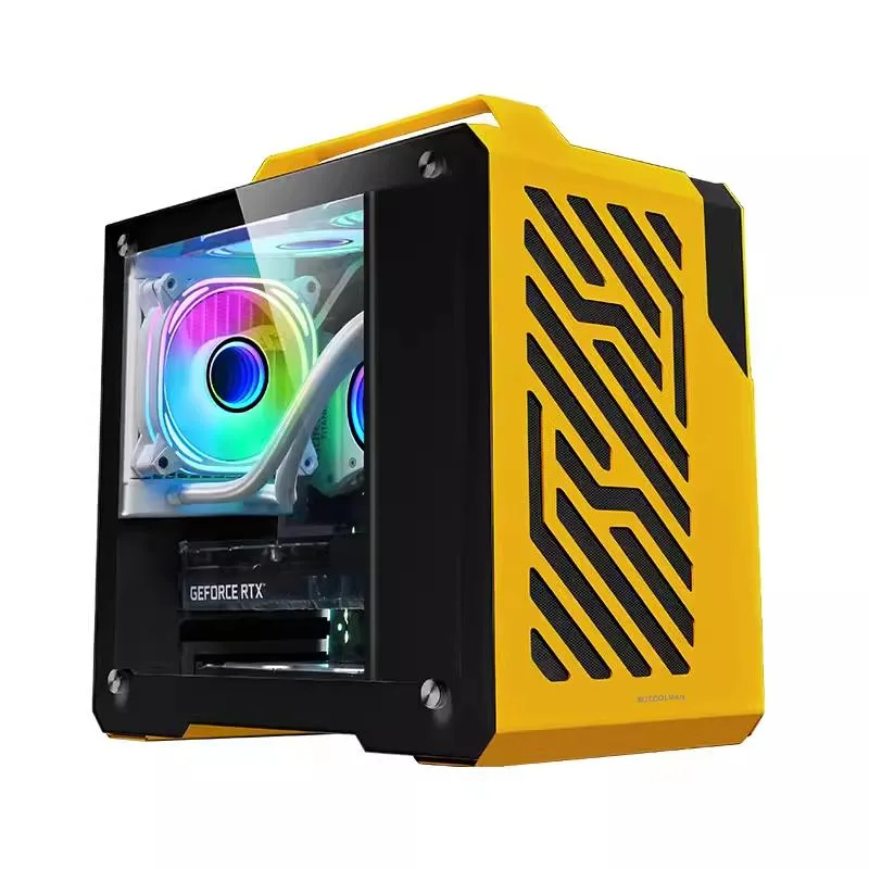 Compact yellow aluminium ITX/MATX case with tempered glass side panel