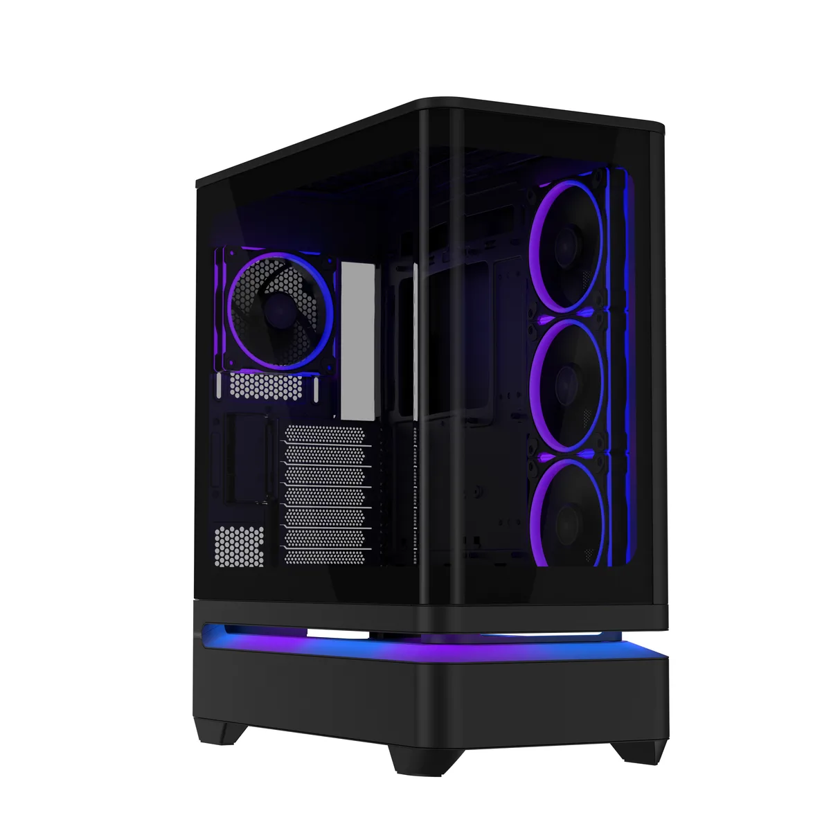 Black ATX mid-tower with curved tempered glass front-to-side panel, four pre-installed ARGB fans, USB-C front port
