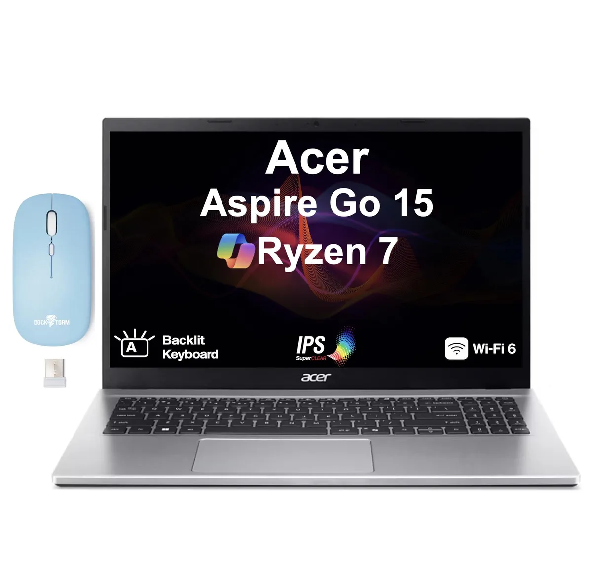 Iron-grey 15.6-inch laptop with backlit keyboard and wireless mouse