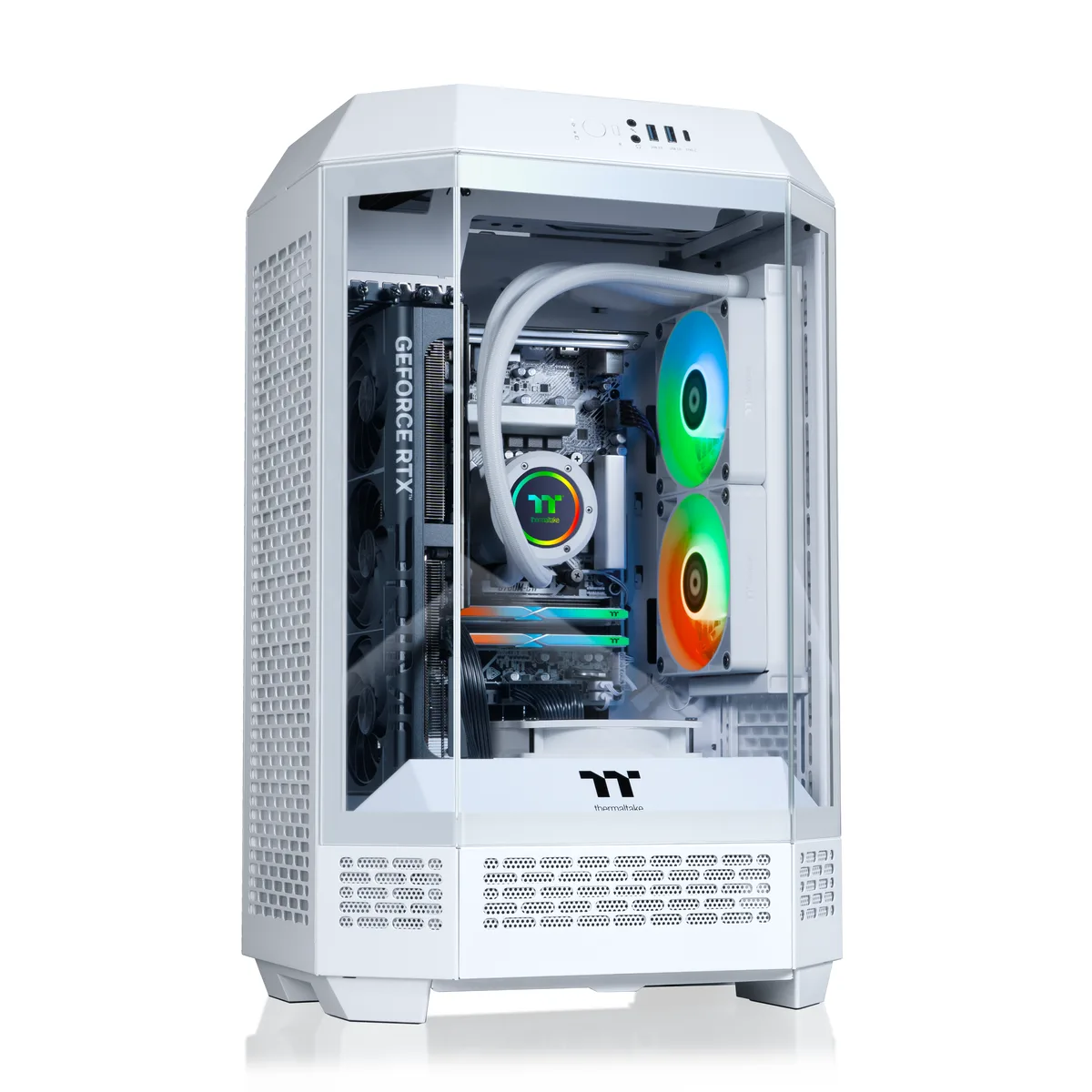 White mid-tower gaming PC with ARGB liquid cooling visible through glass side panel