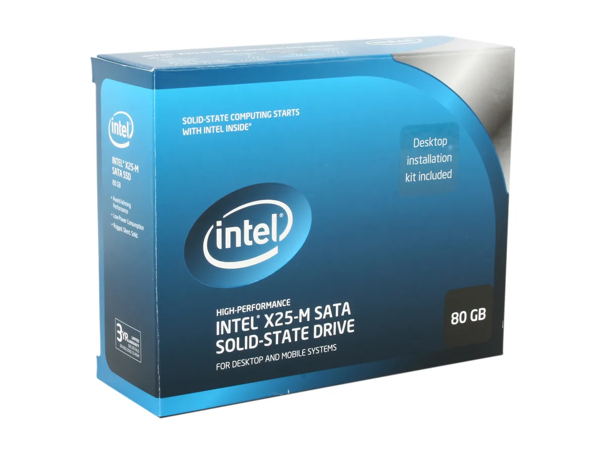 Silver rectangular 2.5 inch internal SSD with label showing Intel X25-M 80GB