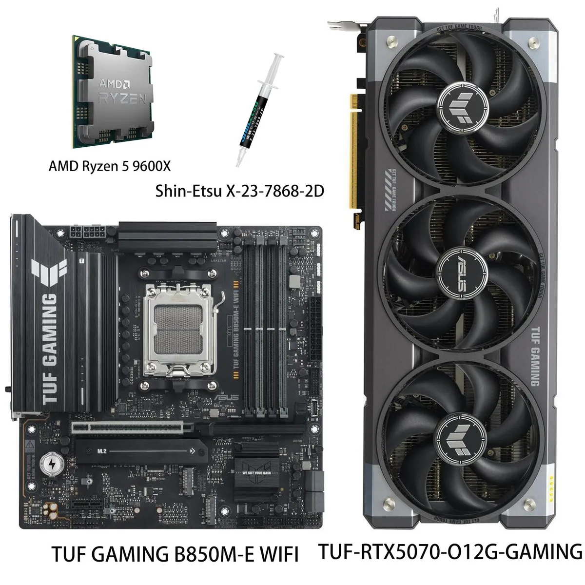 Black triple-fan graphics card with military-style TUF branding and angular metal shroud
