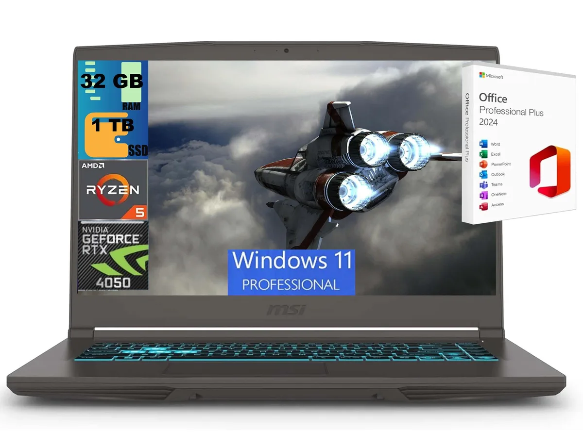 Black 15.6 inch gaming laptop with thin profile and backlit keyboard