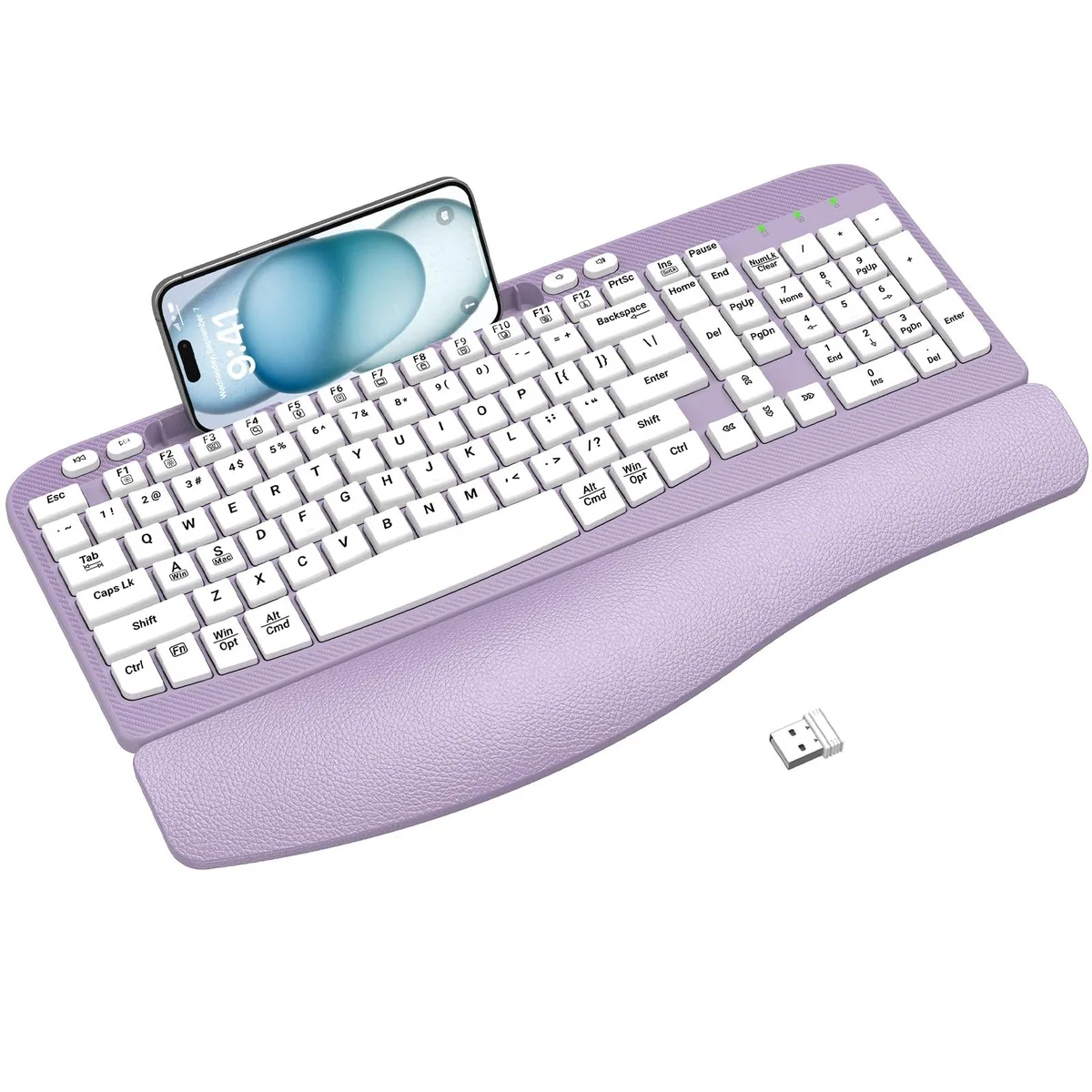 Purple full-size wireless keyboard with wave keys, memory foam wrist rest and 7.28in phone holder