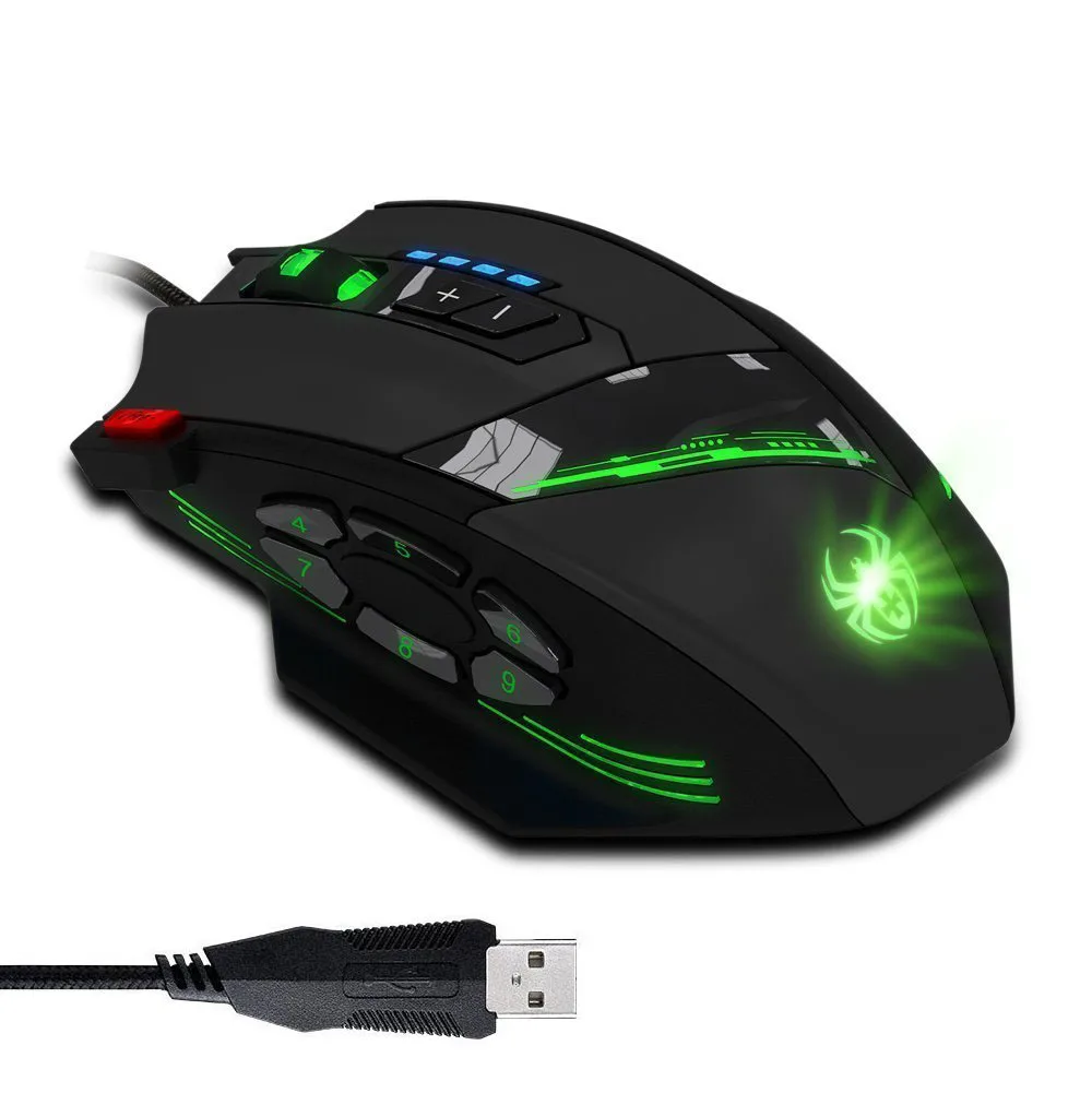 Black wired gaming mouse with 12 buttons and adjustable DPI settings