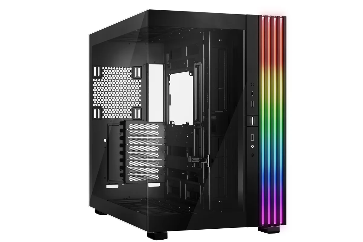 Black full-tower ATX case with tempered glass front and side panels, ARGB lighting strip visible