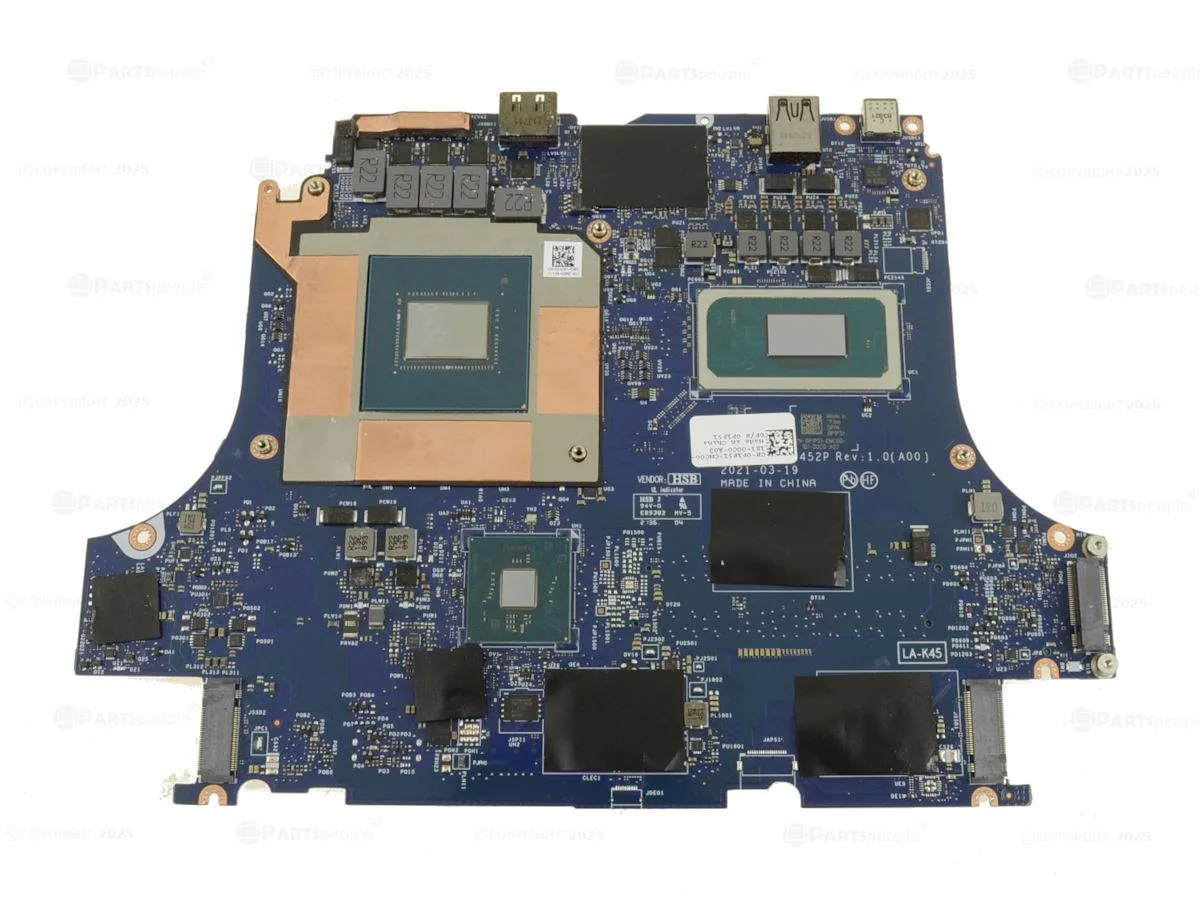 Green laptop motherboard with silver CPU and GPU chips visible
