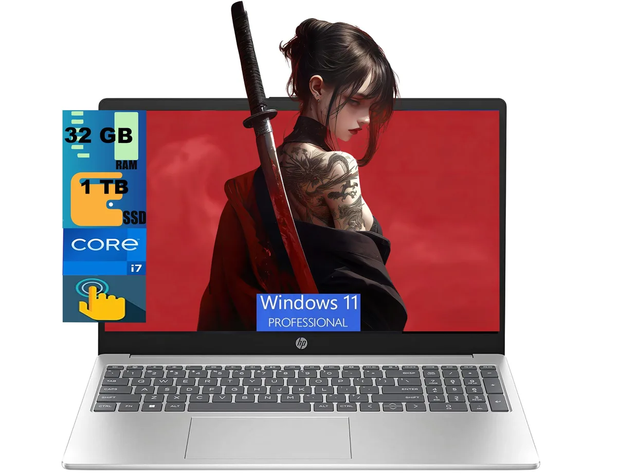 Silver 15.6 inch touchscreen laptop, slim clamshell form, matte metal finish