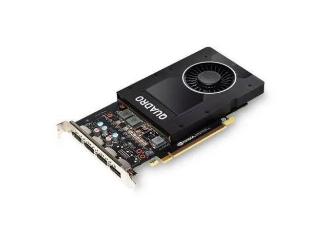 PNY Quadro P2000 graphics card, 7.9 by 4.4 inches, dual-slot fansink cooler, four DisplayPort outputs