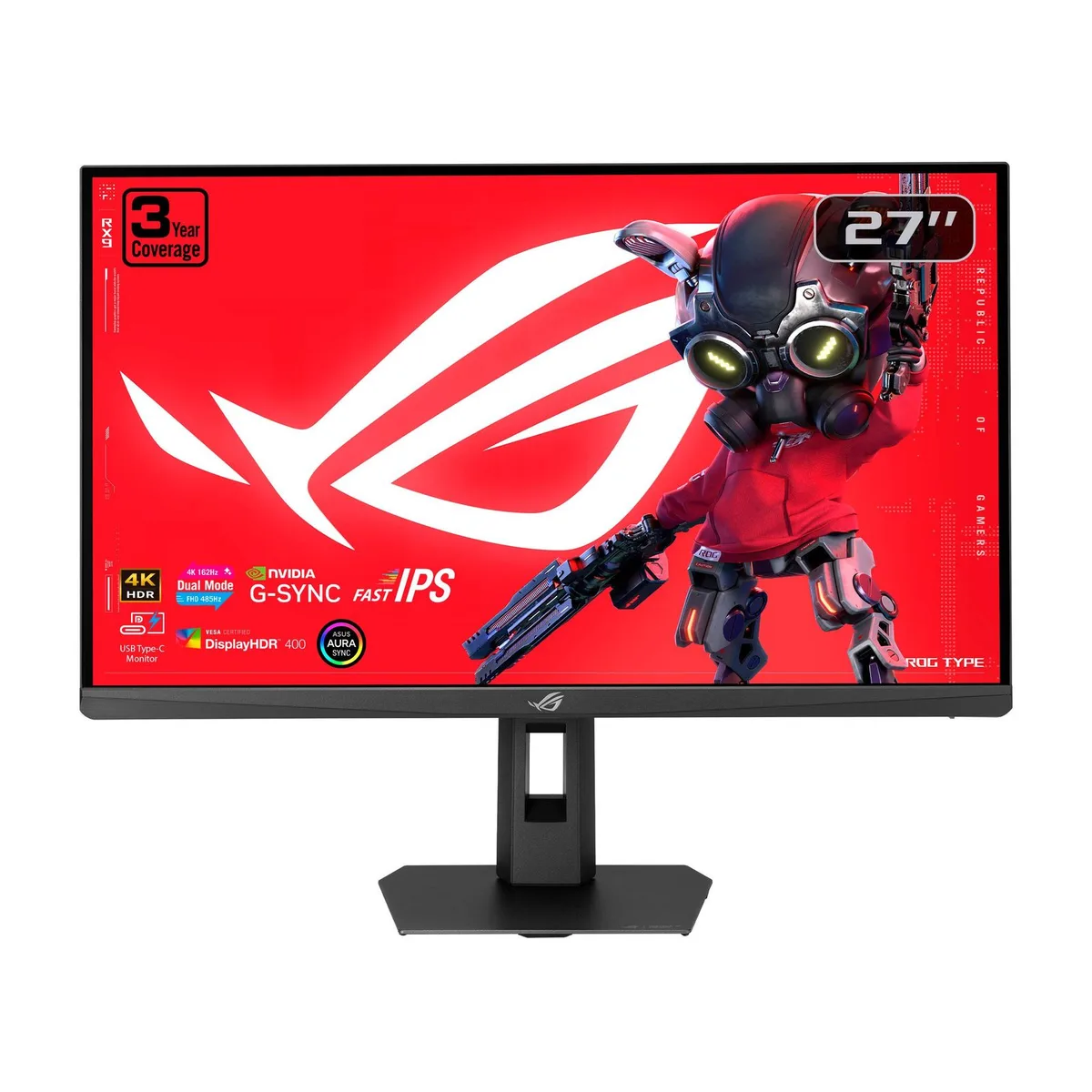 Black 27-inch flat gaming monitor with thin three-sided bezel and adjustable stand