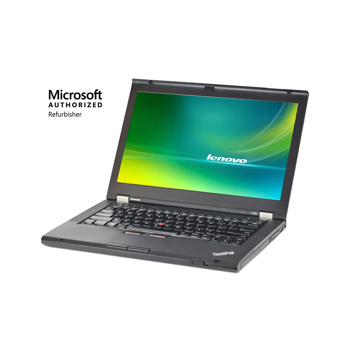 Black Lenovo ThinkPad T430 laptop, 14 inch screen, matte finish, closed lid showing logo