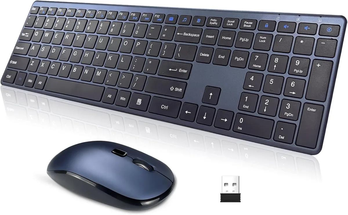 Full-size wireless keyboard and mouse combo, matte keycaps, metallic-look finish