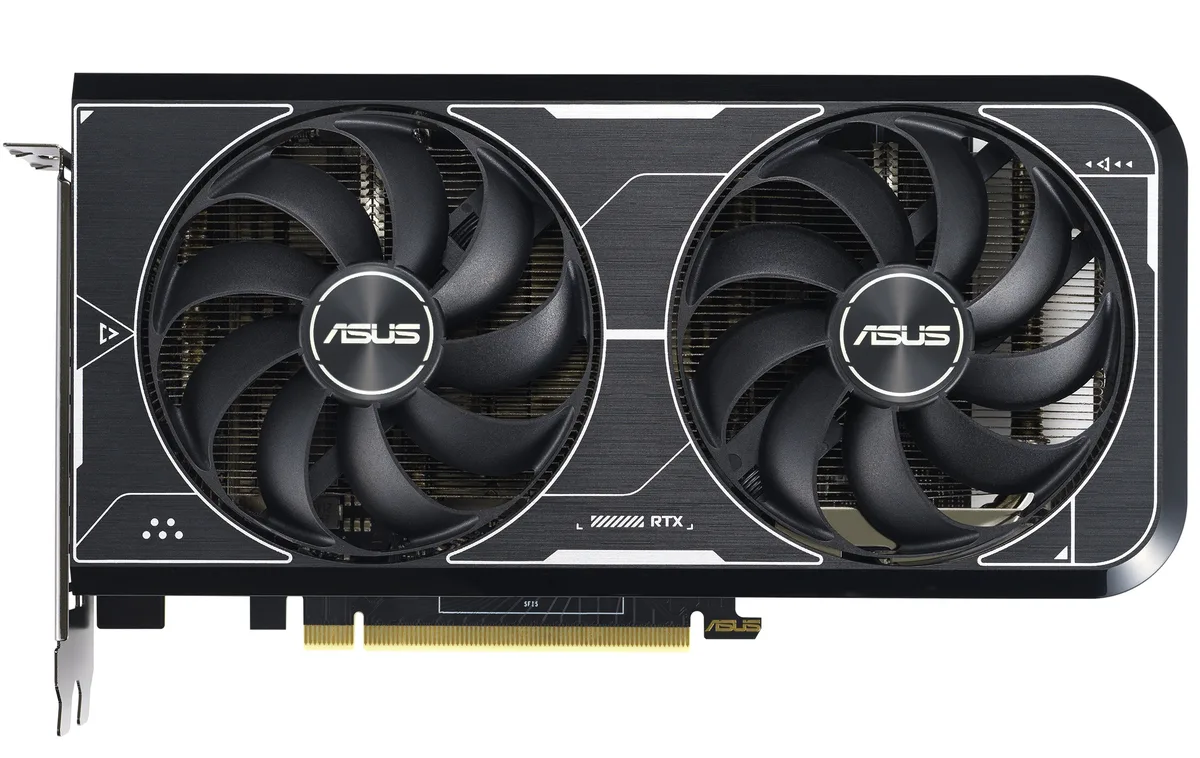 ASUS Dual RTX 3060 Ti graphics card, two-slot design, dual axial-tech fans, matte black finish, metal backplate visible