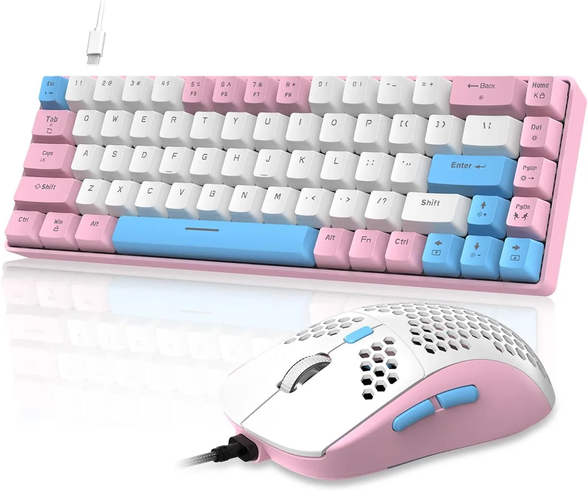 BFKK BFKK 68-Key 60% Wired Mechanical Gaming Keyboard & Mouse Combo, Pink/White — product photo