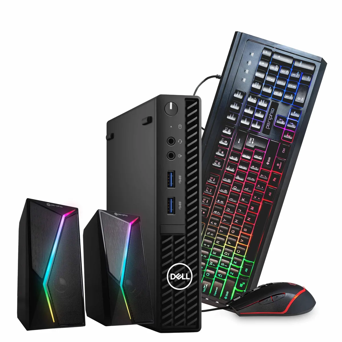 Small black Dell OptiPlex 3090 Mini PC with wired gaming keyboard, USB mouse and RGB speakers