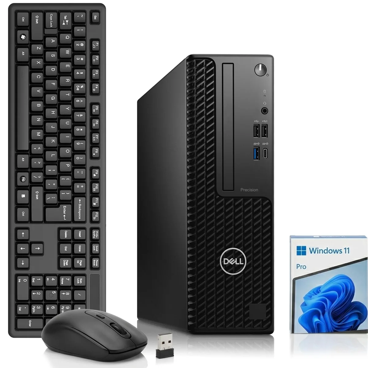 Black small-form-factor Dell Precision 3440 desktop tower with wireless keyboard and mouse