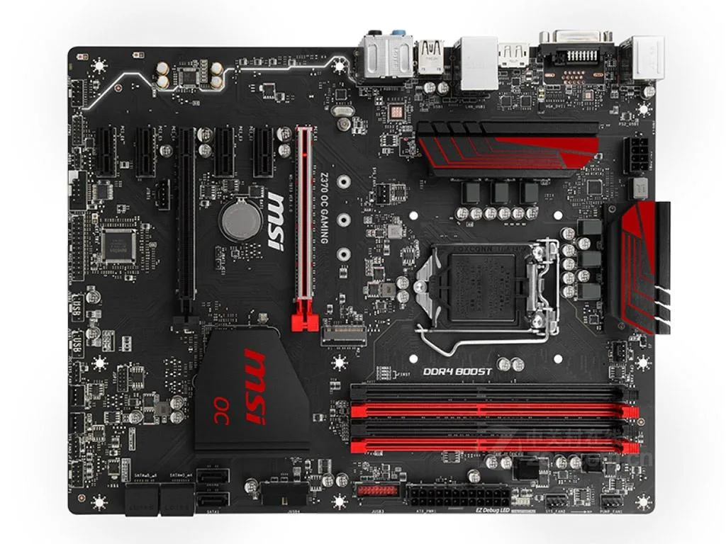Rectangular ATX motherboard, dark PCB with black and silver heatsinks, LGA 1151 socket, four DDR4 slots, multiple PCIe slots