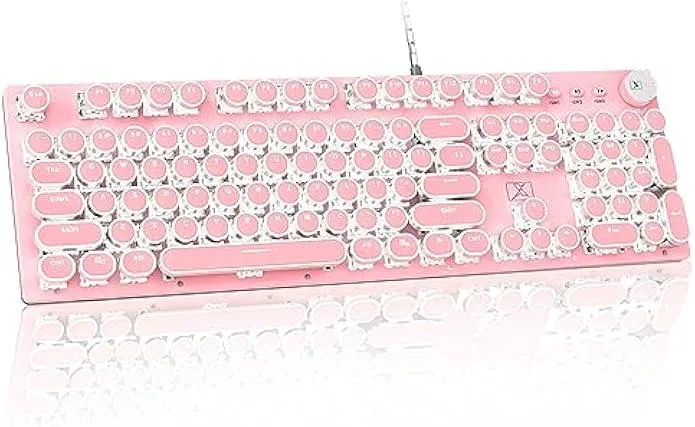 Full-size retro mechanical keyboard with round white keycaps, aluminium top plate, side control knob, white backlighting