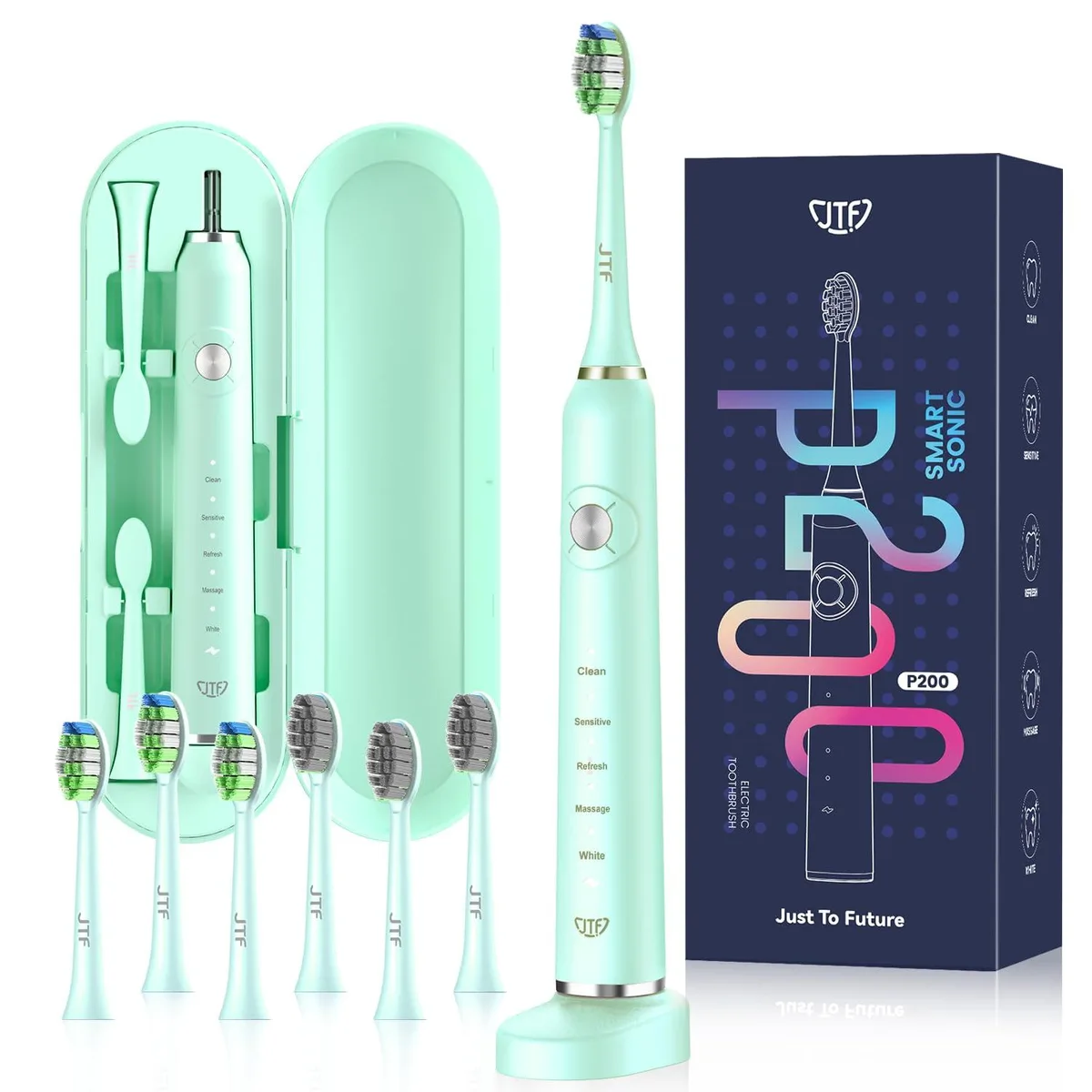  Waterpik P200 Sonic Electric Toothbrush 40000 VPM 5 Modes 6 Brush Heads 60 Days Battery White — product photo
