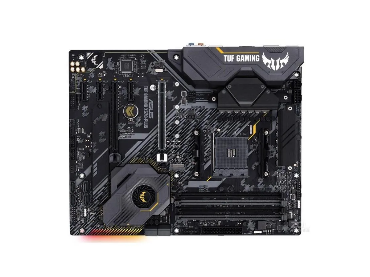 ATX motherboard with dark PCB and metallic heatsinks