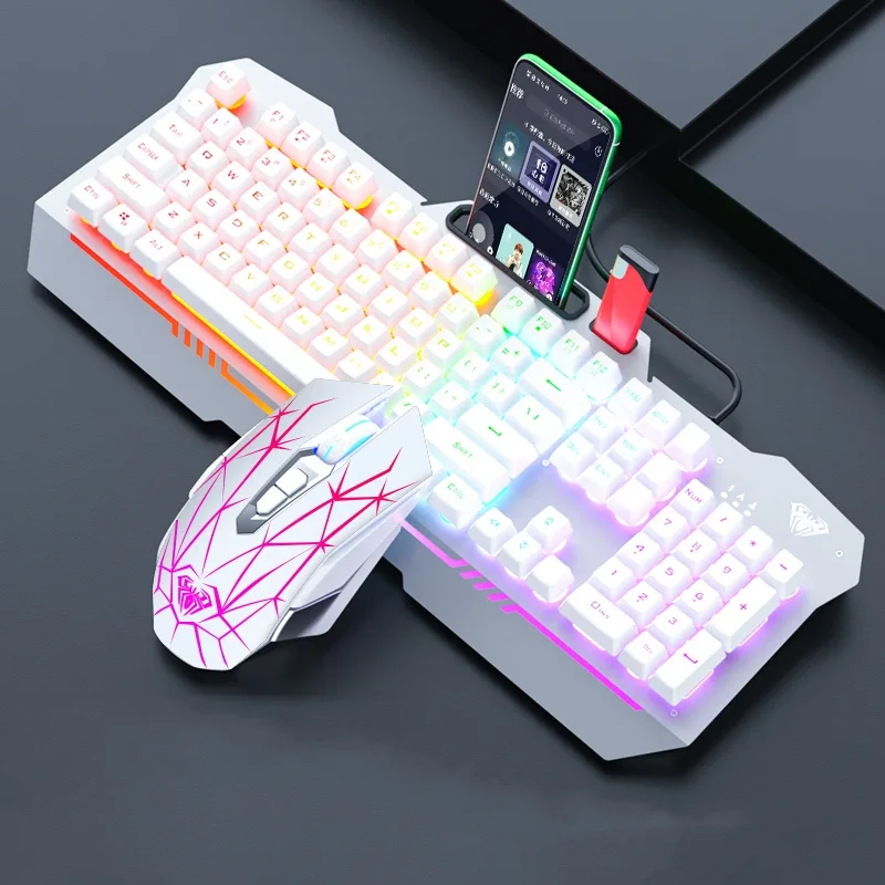 White wired keyboard and matching mouse with multicolour backlight and phone slot