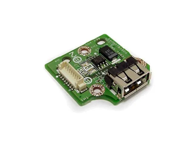 Small green circuit board with a single USB port and connector cable