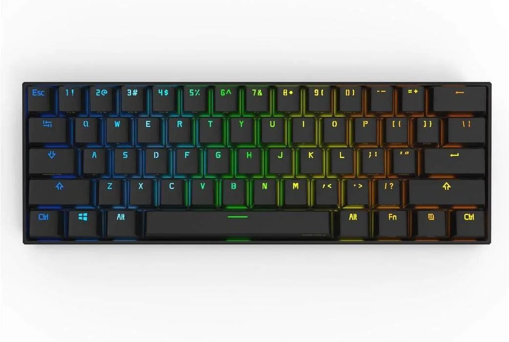 Compact 60 percent mechanical keyboard with RGB backlighting and dark keycaps
