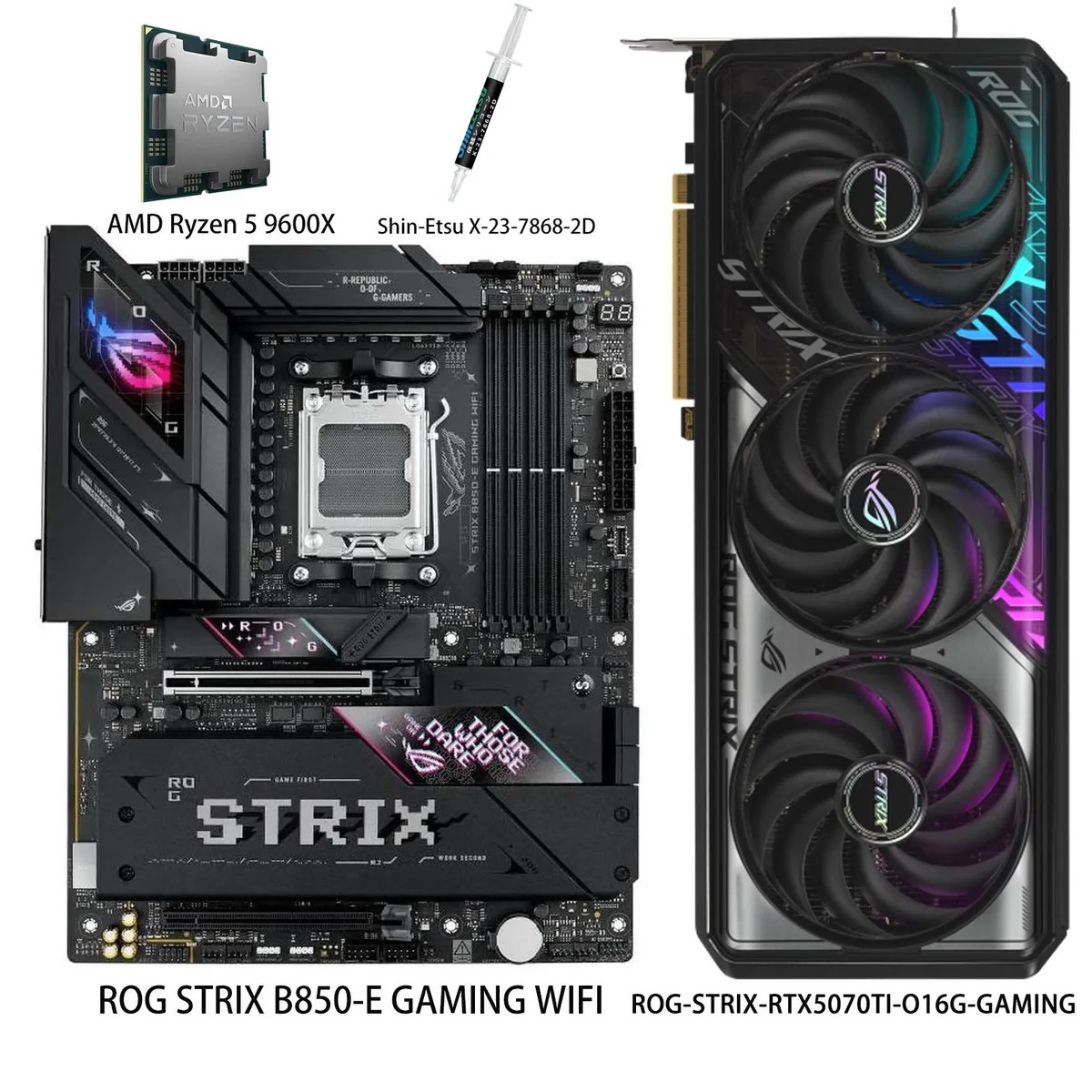 ASUS ROG Strix RTX 5070 Ti graphics card, triple-fan cooler, matte black shroud, metal backplate, PCIe 5.0 x16, two HDMI 2.1b, three