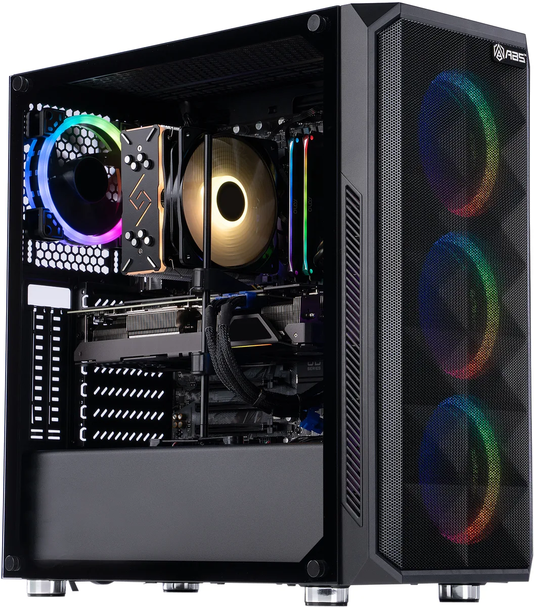 Mid-tower PC in black mesh case with RGB lighting visible through glass side panel