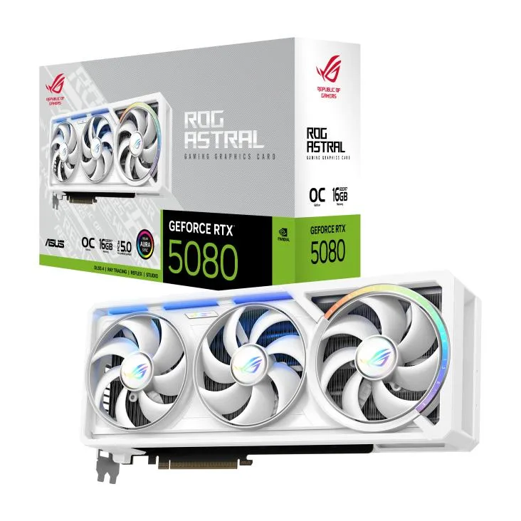 White triple-fan graphics card with silver accents and ROG branding