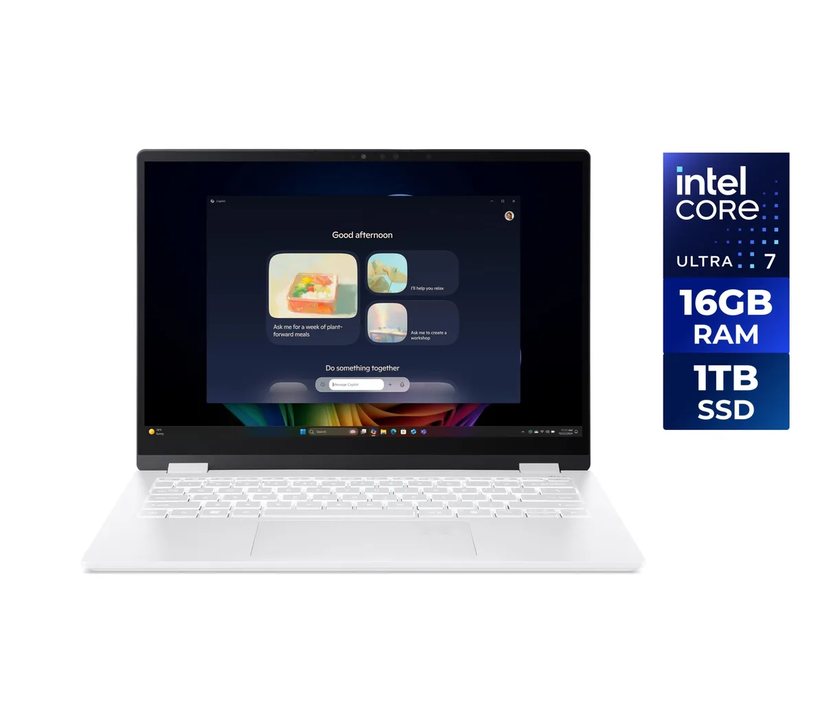 Pearl-white 14-inch OLED laptop, slim clamshell form, matte finish