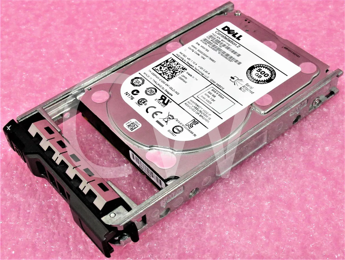 2.5 inch SAS hard drive in silver caddy tray