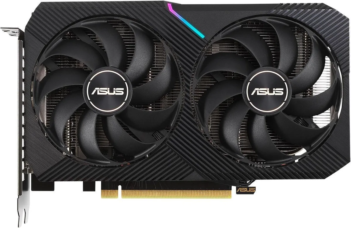 ASUS Dual RTX 3050 V2 graphics card, dual-fan cooler, silver-grey shroud, metal backplate, PCIe 4.0 interface, HDMI 2.1 and three