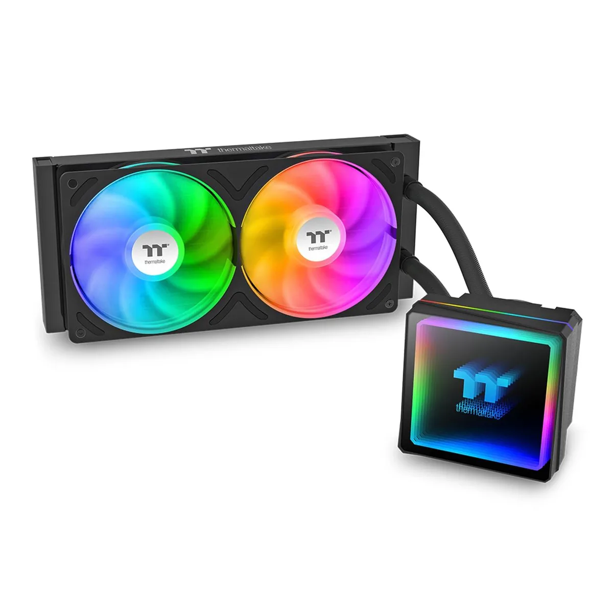 Black 240mm AIO cooler with single-frame ARGB fans and infinity mirror pump head