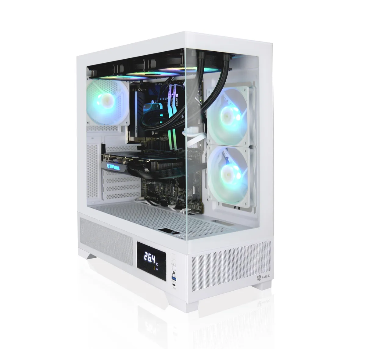 White mid-tower gaming desktop with tempered glass side panel and 360mm liquid cooler visible inside